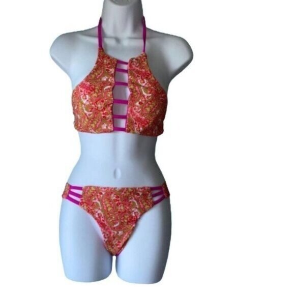 Strappy‎ High-Neck Bikini Top Two Piece Swimsuits Side Strap Bottom Swimwear - Picture 1 of 8